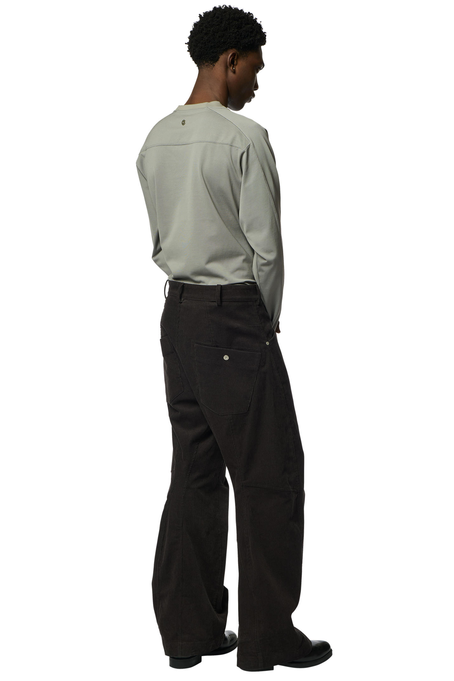 KNEE DARTED FLARE TROUSERS / MICRO CORDUROY GREY
