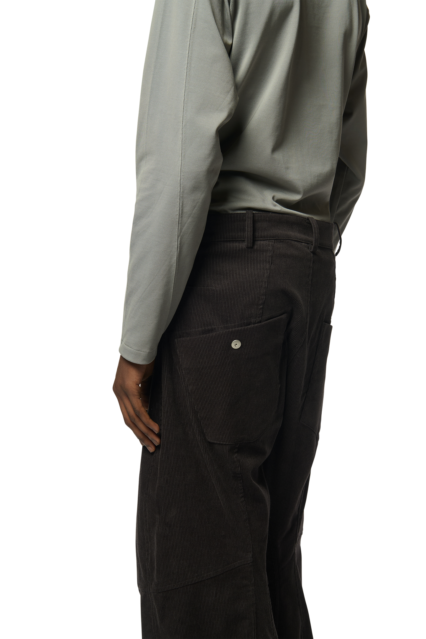 KNEE DARTED FLARE TROUSERS / MICRO CORDUROY GREY