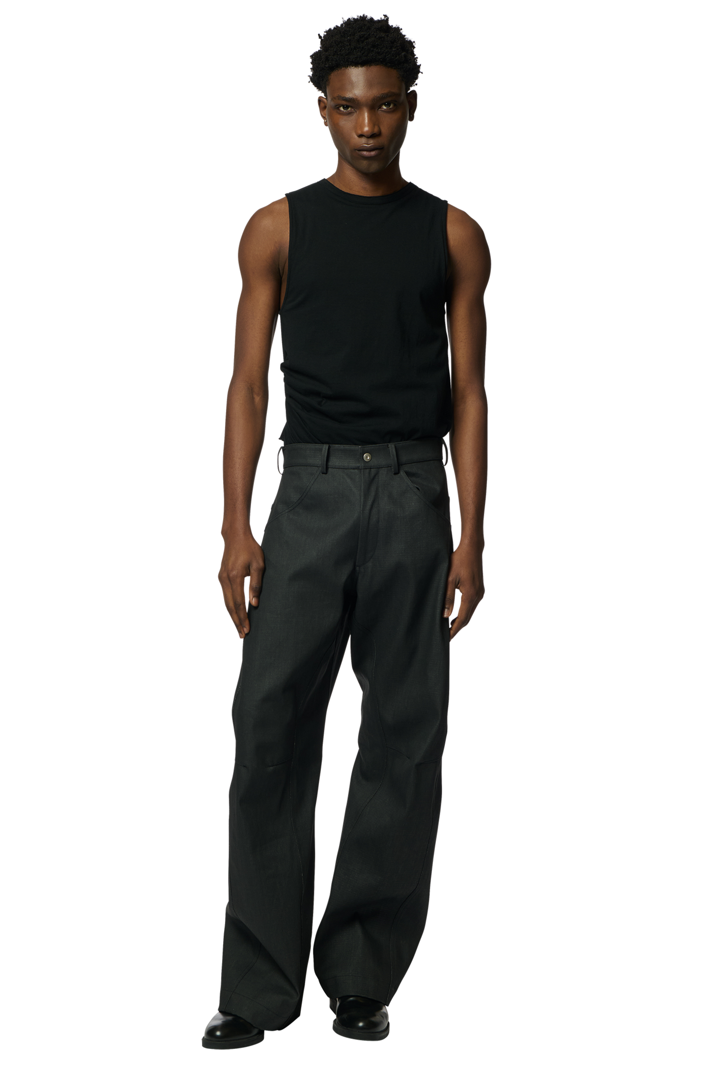 KNEE DARTED FLARE TROUSERS / COATED DENIM