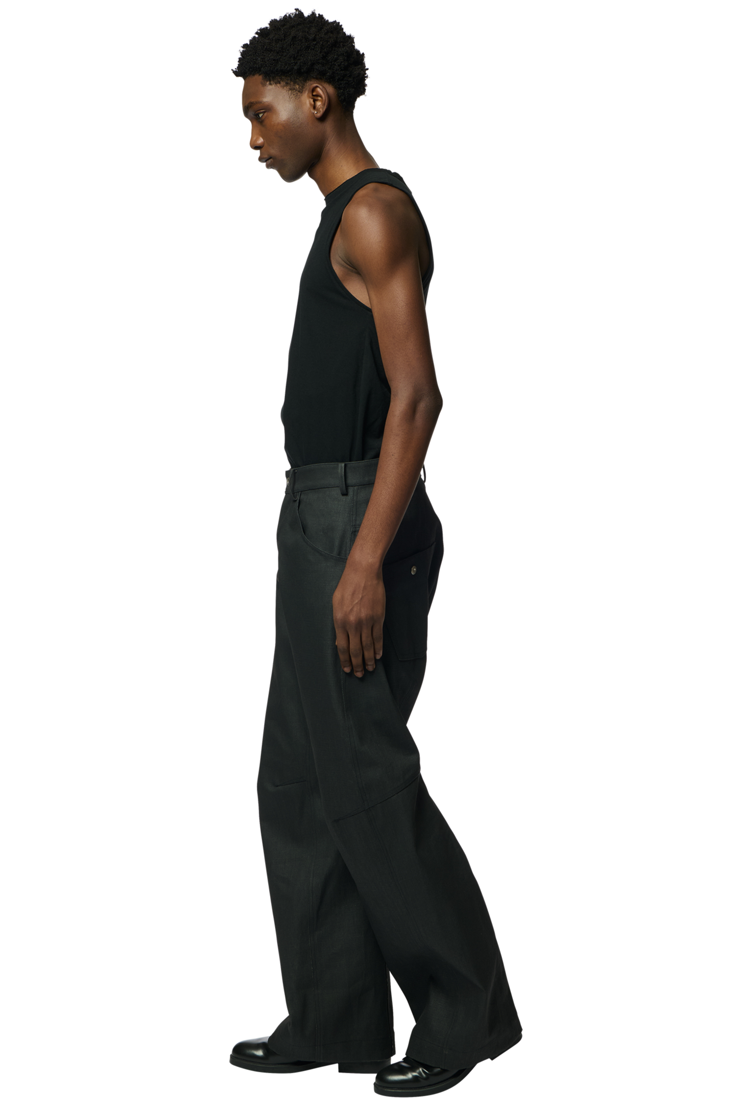KNEE DARTED FLARE TROUSERS / COATED DENIM