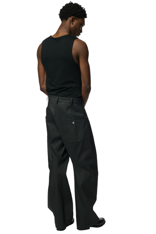 KNEE DARTED FLARE TROUSERS / COATED DENIM