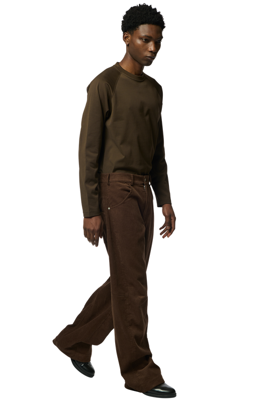 KNEE DARTED FLARE TROUSERS / MICRO CORDUROY DARK BROWN