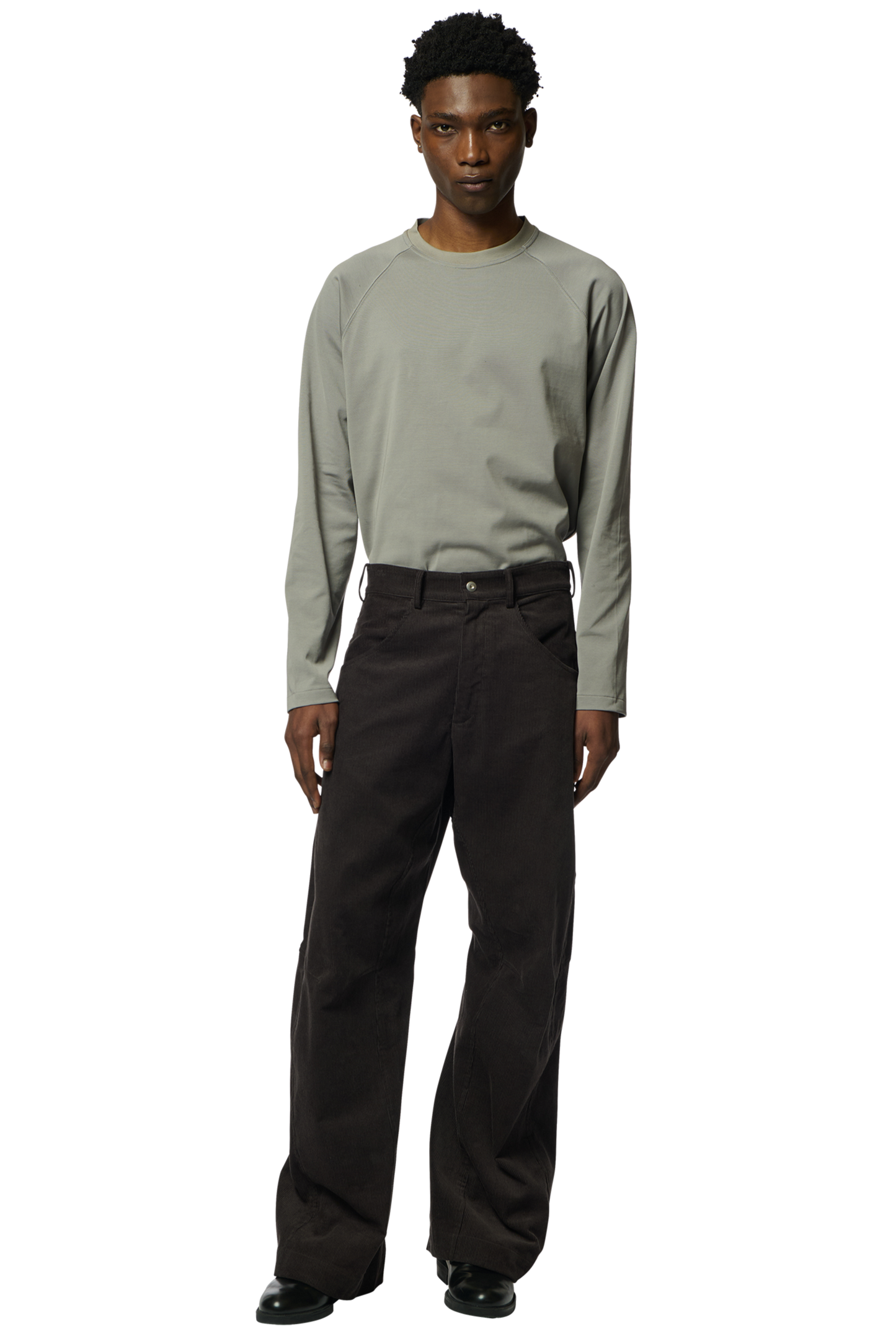 KNEE DARTED FLARE TROUSERS / MICRO CORDUROY GREY