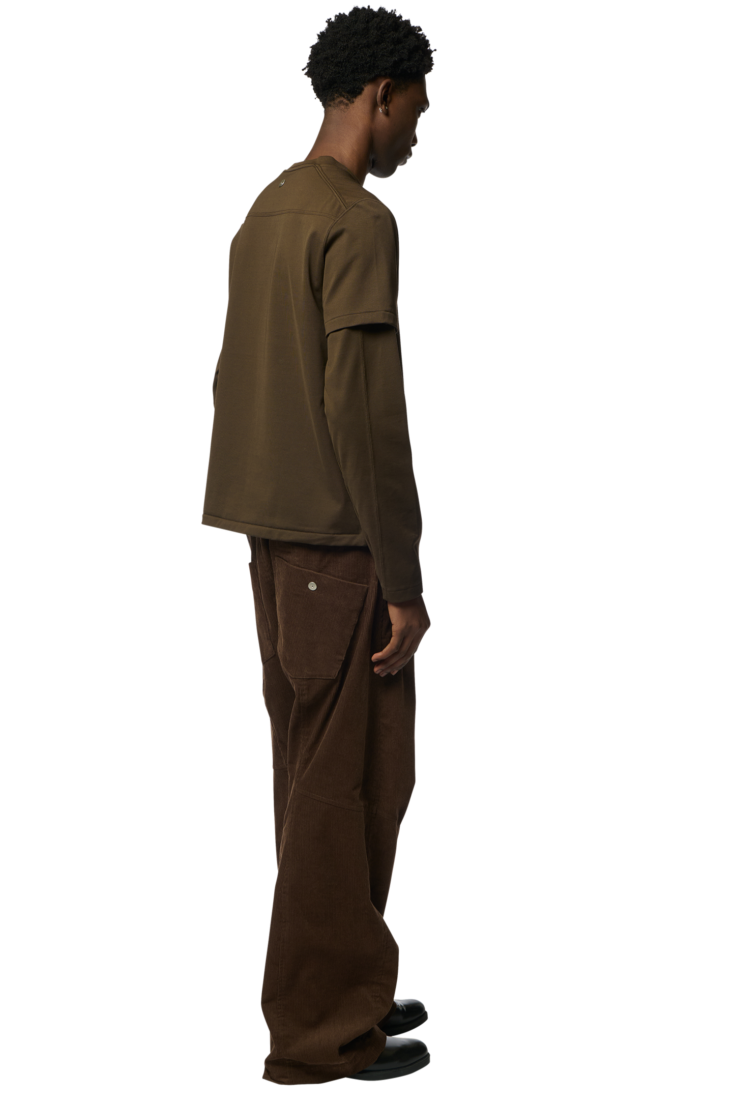 KNEE DARTED FLARE TROUSERS / MICRO CORDUROY DARK BROWN